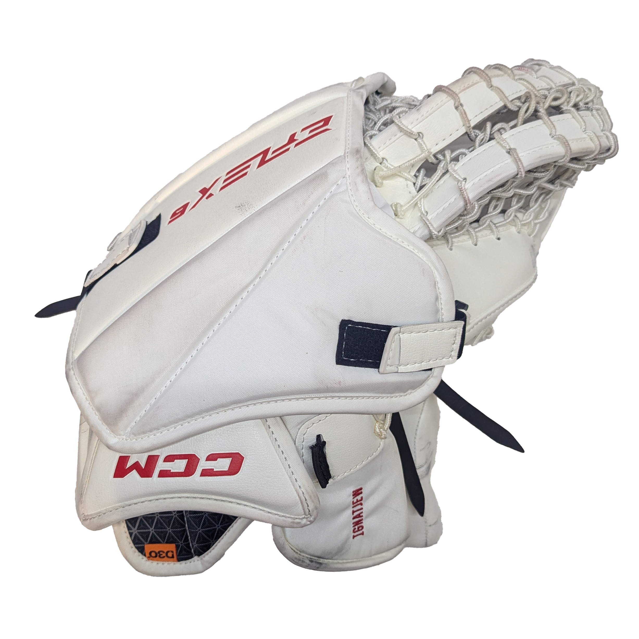 CCM Extreme Flex 6 - Gant de gardien de but AHL Pro Stock d'occasion (blanc/jaune/rouge)